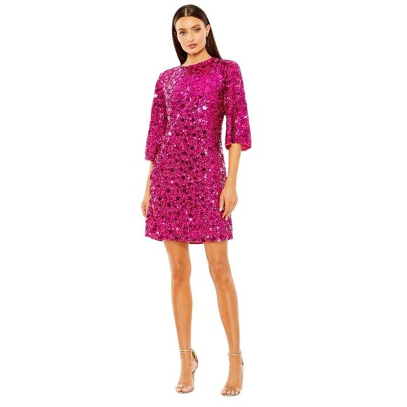Mac Duggal Pink Quarter Sleeve Floral Sequin Mini Dress, Large, Hot Pink, NWT - Picture 1 of 9